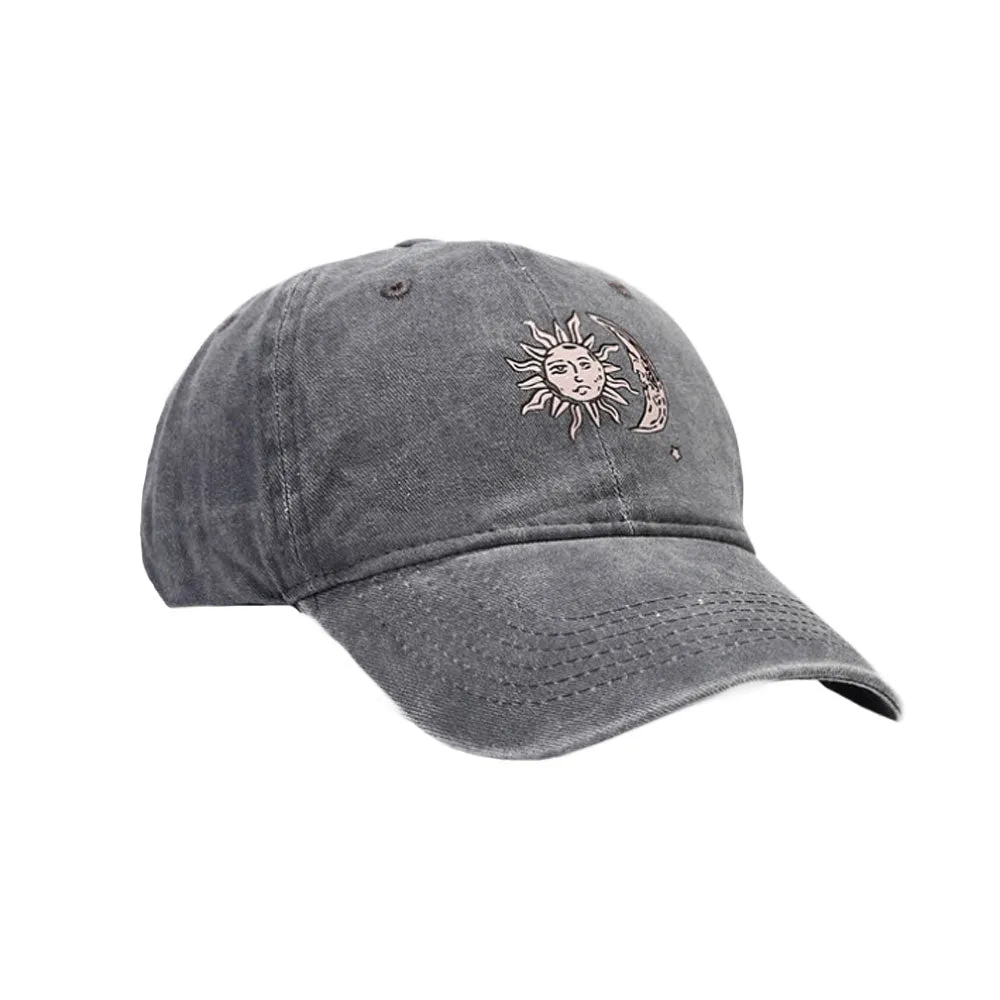 Sun and Moon Embroidery Low Profile Vintage Washed Cotton Baseball Cap Adjustable Dad Hat YZ10146