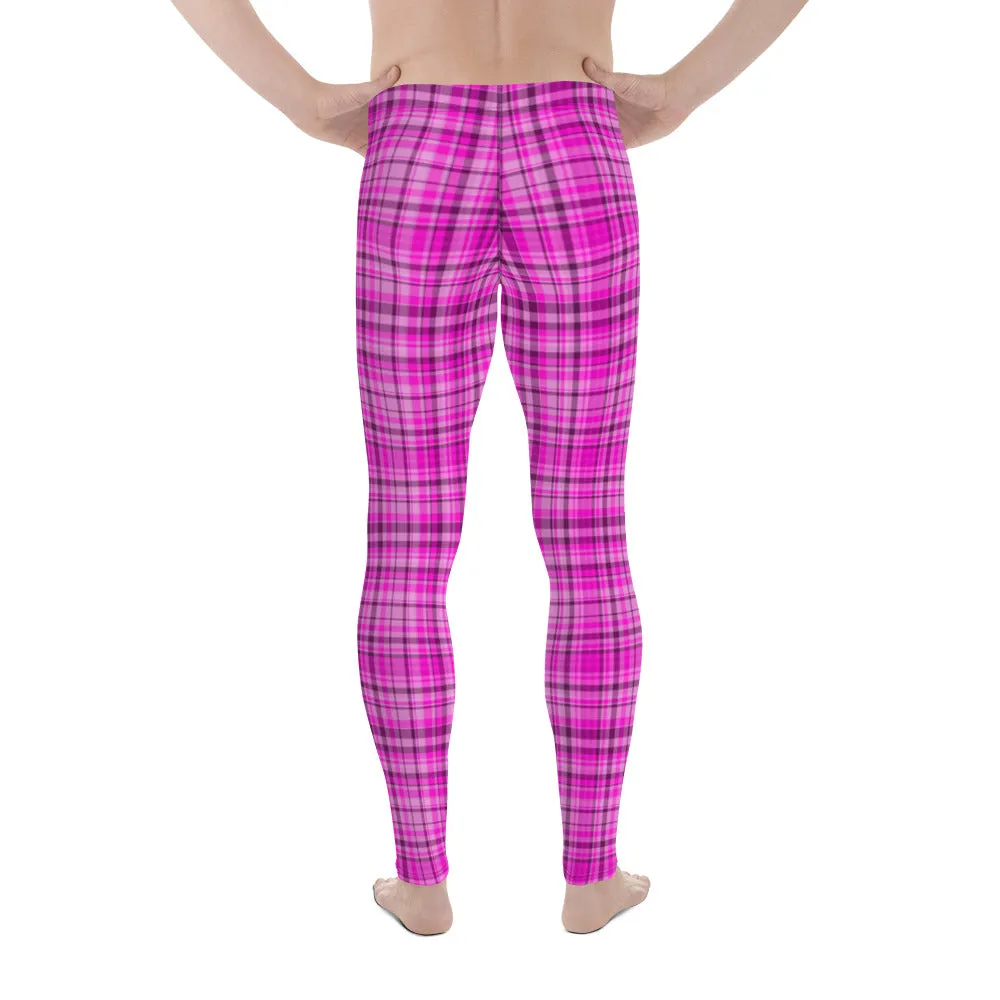 Tartan Pink Plaid Print Meggings, Pink Plaid Print Elastic Men's Leggings Run Soft Tights- Made in USA/EU/MX