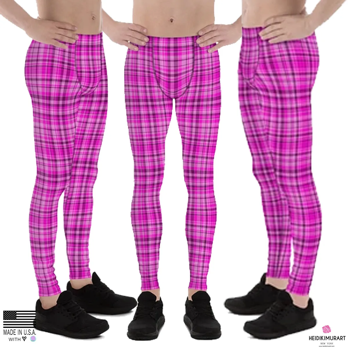 Tartan Pink Plaid Print Meggings, Pink Plaid Print Elastic Men's Leggings Run Soft Tights- Made in USA/EU/MX