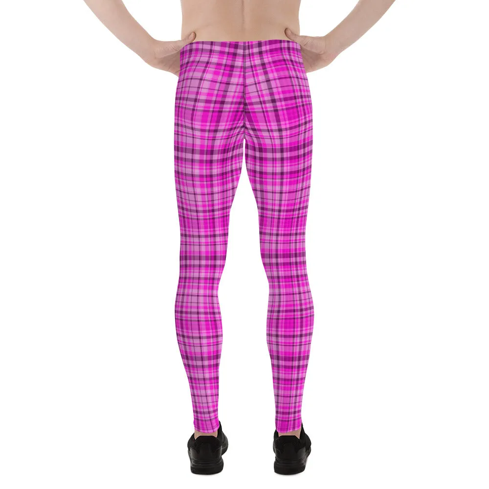 Tartan Pink Plaid Print Meggings, Pink Plaid Print Elastic Men's Leggings Run Soft Tights- Made in USA/EU/MX