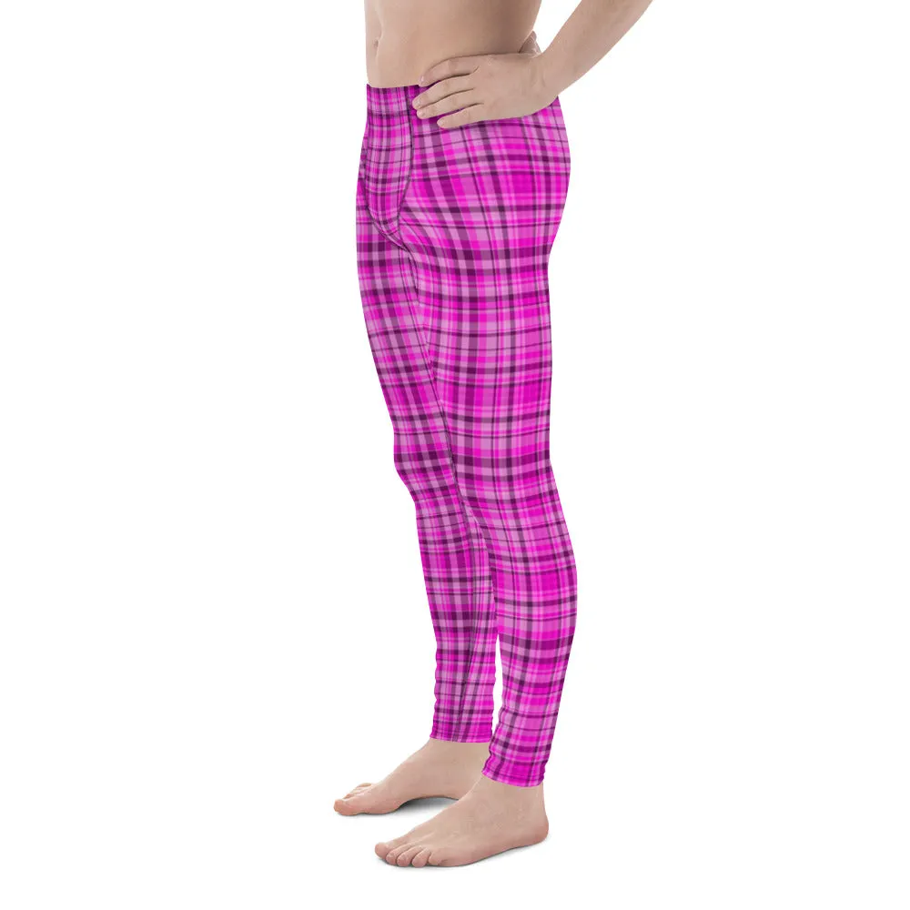 Tartan Pink Plaid Print Meggings, Pink Plaid Print Elastic Men's Leggings Run Soft Tights- Made in USA/EU/MX