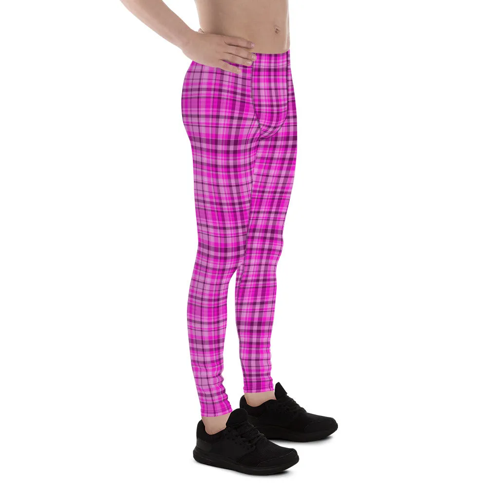 Tartan Pink Plaid Print Meggings, Pink Plaid Print Elastic Men's Leggings Run Soft Tights- Made in USA/EU/MX