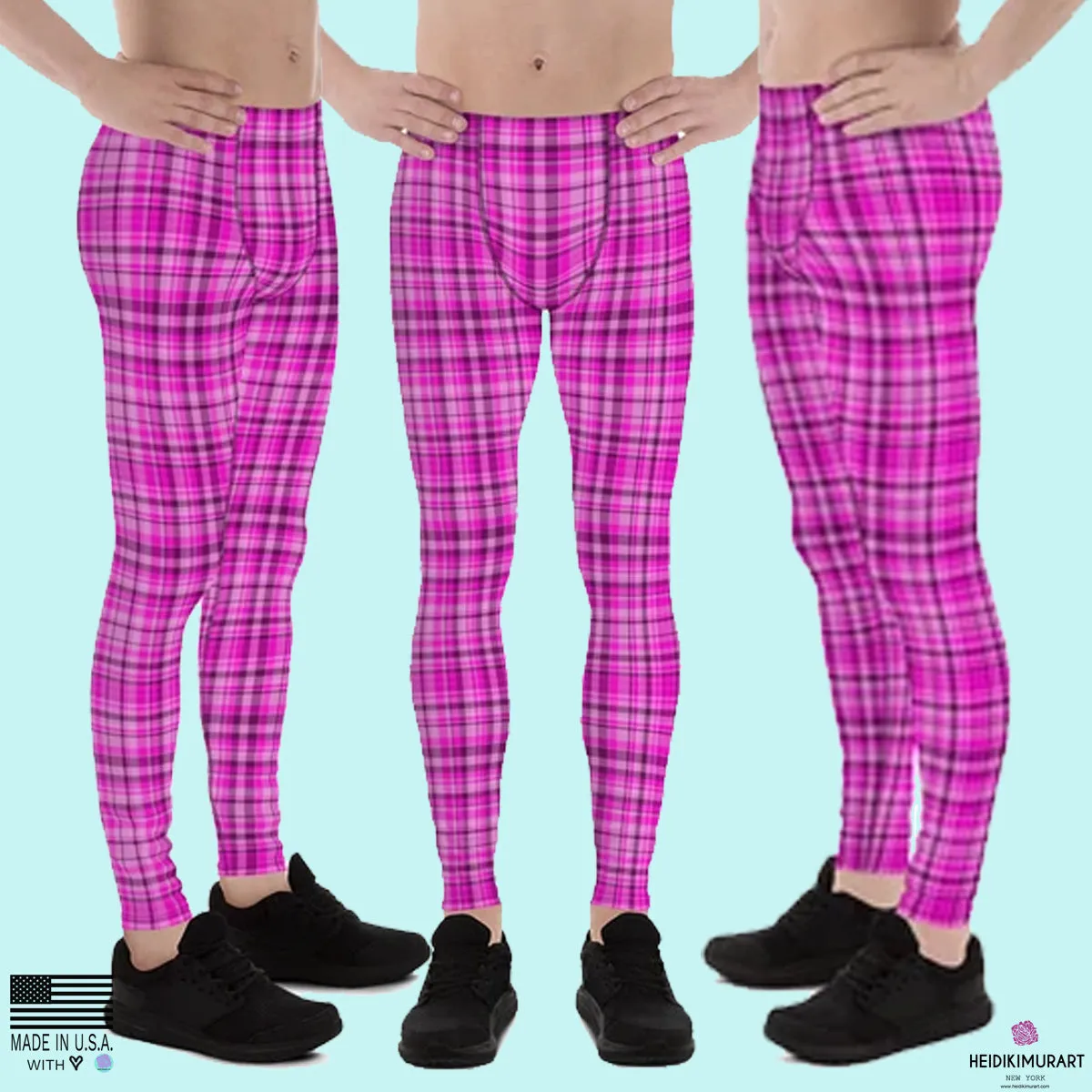 Tartan Pink Plaid Print Meggings, Pink Plaid Print Elastic Men's Leggings Run Soft Tights- Made in USA/EU/MX