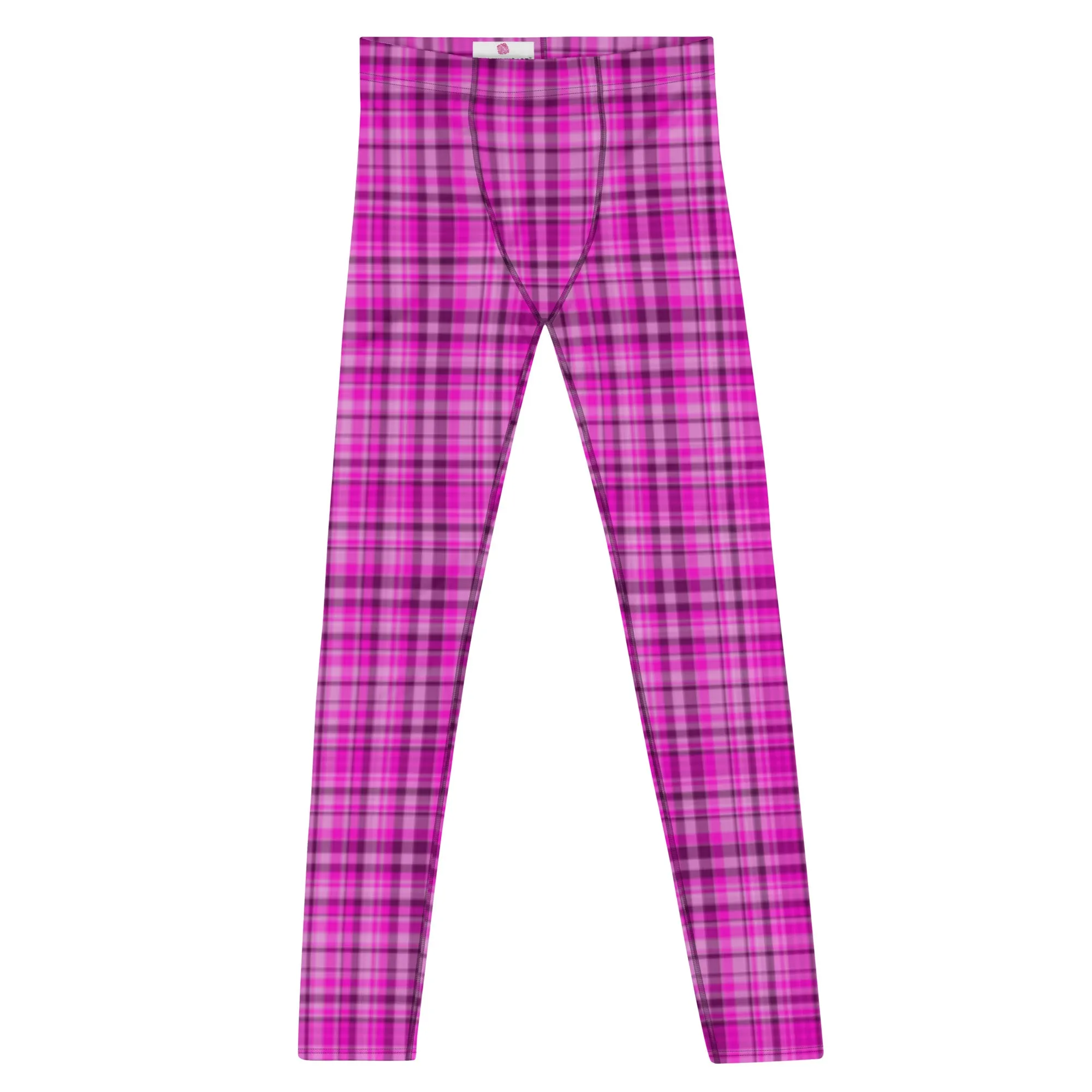 Tartan Pink Plaid Print Meggings, Pink Plaid Print Elastic Men's Leggings Run Soft Tights- Made in USA/EU/MX