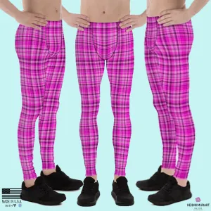 Tartan Pink Plaid Print Meggings, Pink Plaid Print Elastic Men's Leggings Run Soft Tights- Made in USA/EU/MX