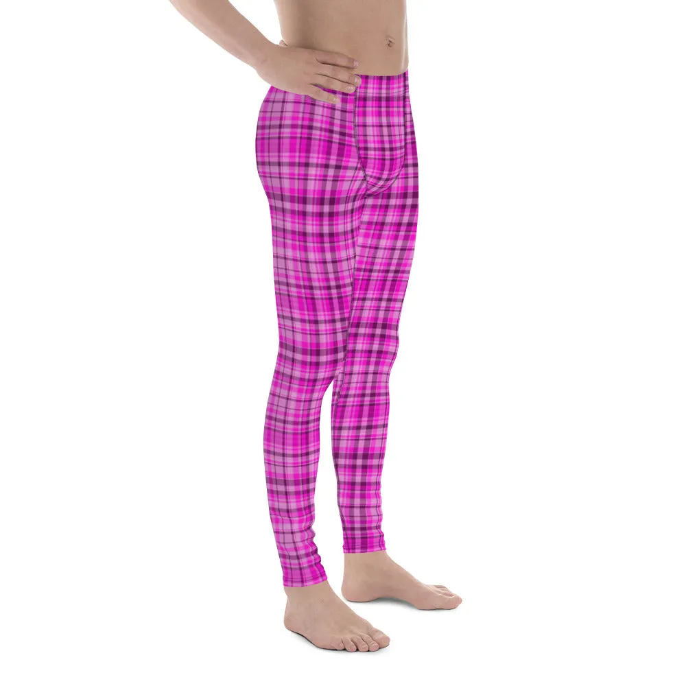 Tartan Pink Plaid Print Meggings, Pink Plaid Print Elastic Men's Leggings Run Soft Tights- Made in USA/EU/MX