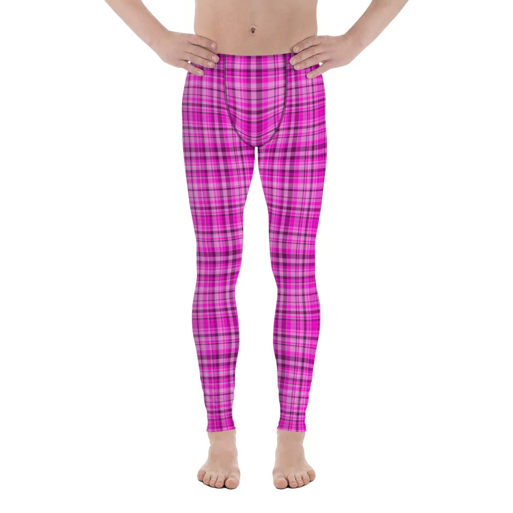 Tartan Pink Plaid Print Meggings, Pink Plaid Print Elastic Men's Leggings Run Soft Tights- Made in USA/EU/MX