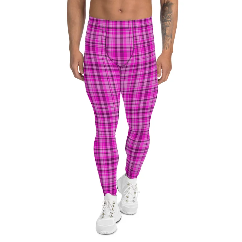 Tartan Pink Plaid Print Meggings, Pink Plaid Print Elastic Men's Leggings Run Soft Tights- Made in USA/EU/MX