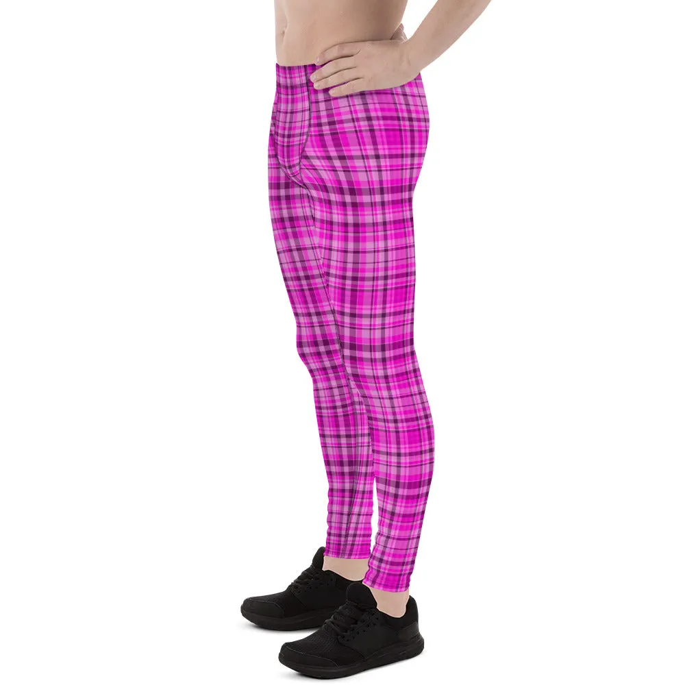 Tartan Pink Plaid Print Meggings, Pink Plaid Print Elastic Men's Leggings Run Soft Tights- Made in USA/EU/MX