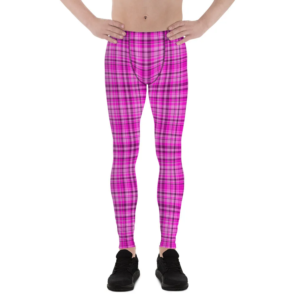 Tartan Pink Plaid Print Meggings, Pink Plaid Print Elastic Men's Leggings Run Soft Tights- Made in USA/EU/MX