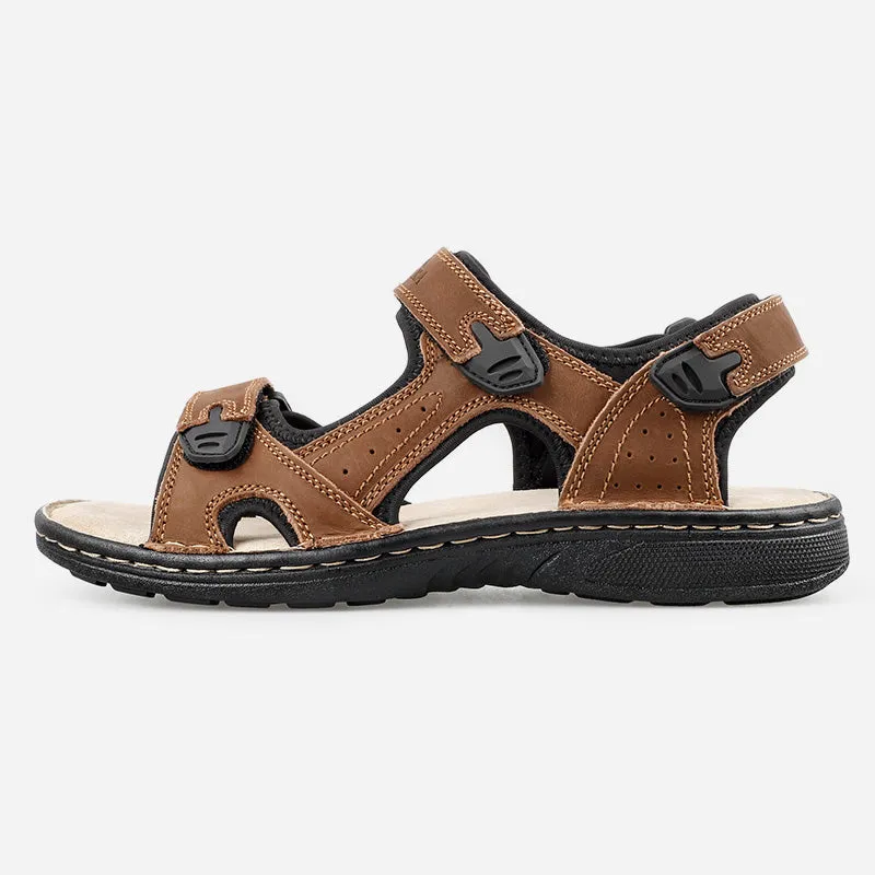 TIESTRA Men's Leather Sandals Wide Fit Summer Casual Beach Sandals for Outdoor & Indoor