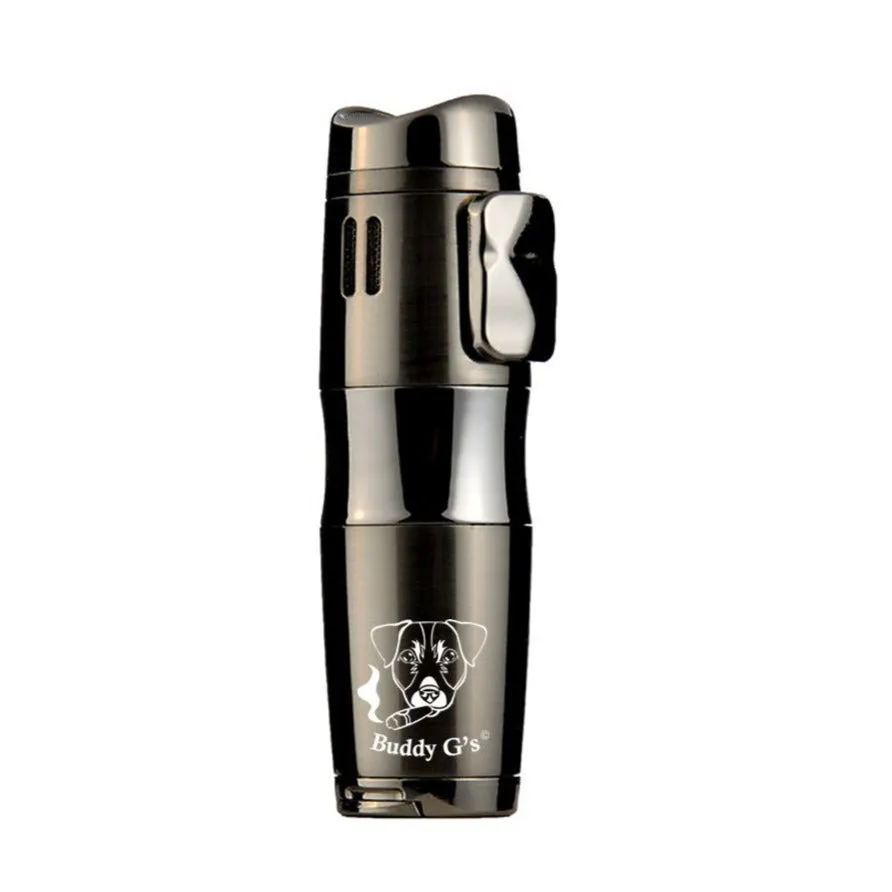 Triple Burner Refillable Butane Jet Torch Lighter - Heavy-duty Two-tone Polished - Cigar Holder on Top - Cigar Punch and Fuel Level Window