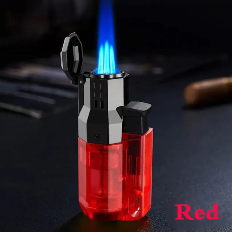 Triple Torch Windproof Adjustable Lighter with a Transparent Fuel Tank to Monitor the Fuel Level