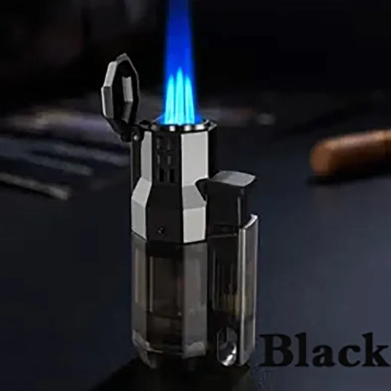 Triple Torch Windproof Adjustable Lighter with a Transparent Fuel Tank to Monitor the Fuel Level