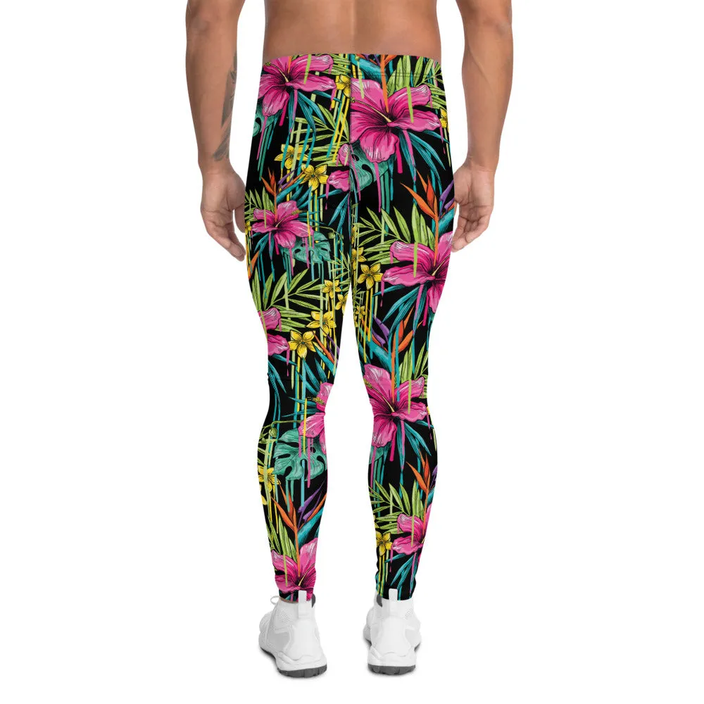 Tropical Pink Floral Men's Leggings, Hawaiian Style Leaf Print Meggings-Made in USA/EU