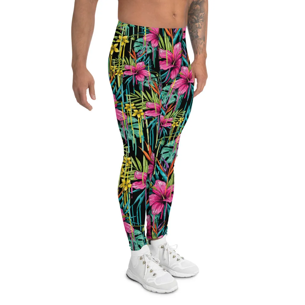 Tropical Pink Floral Men's Leggings, Hawaiian Style Leaf Print Meggings-Made in USA/EU