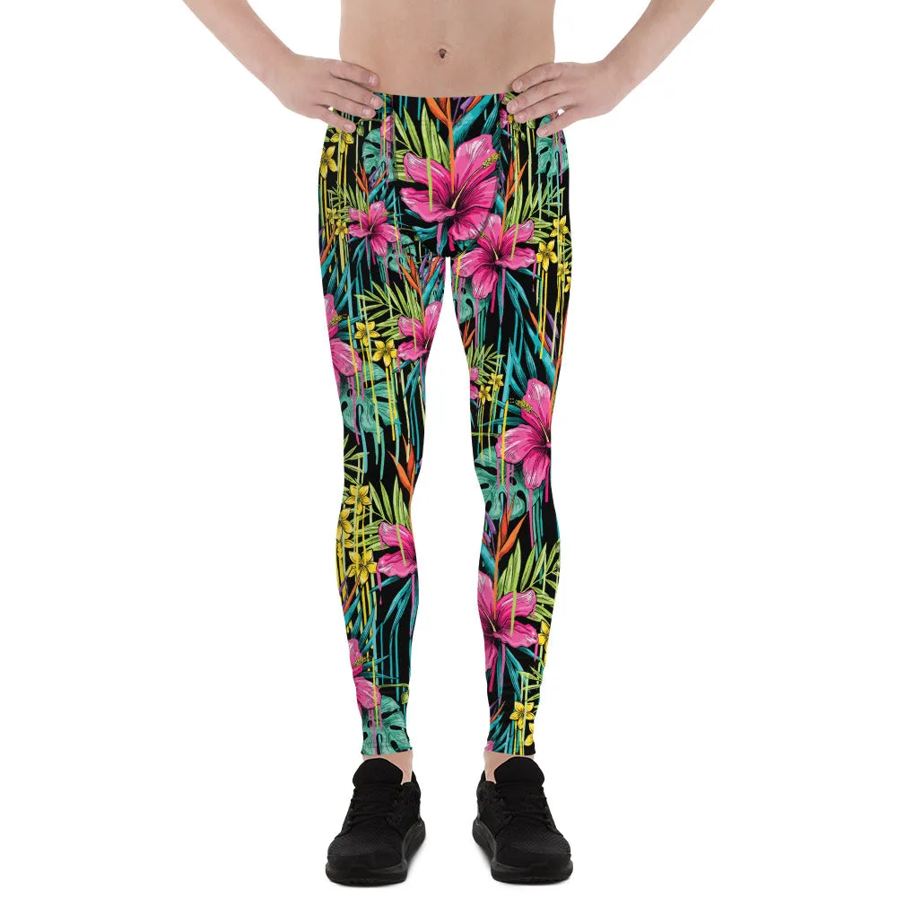 Tropical Pink Floral Men's Leggings, Hawaiian Style Leaf Print Meggings-Made in USA/EU