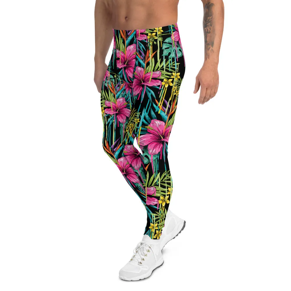 Tropical Pink Floral Men's Leggings, Hawaiian Style Leaf Print Meggings-Made in USA/EU