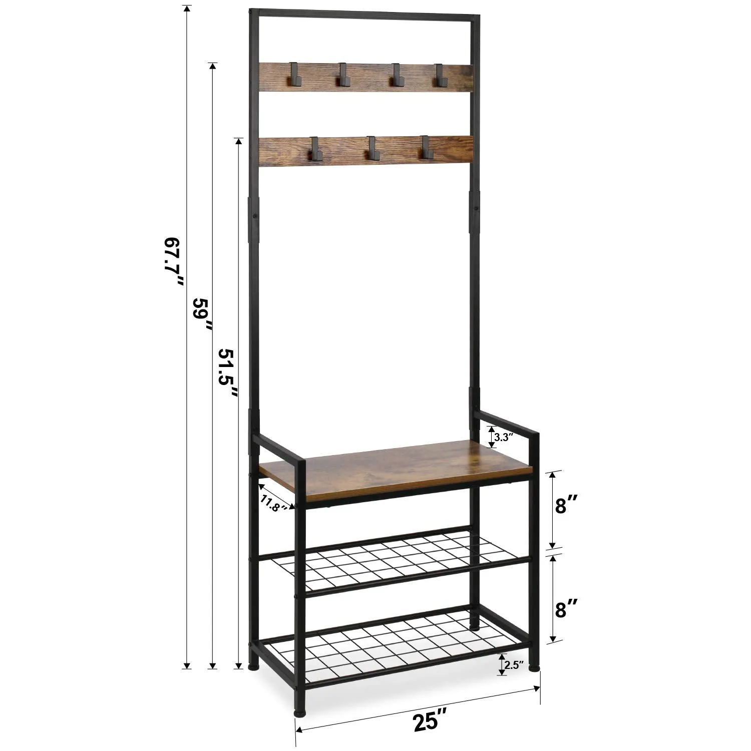 VIDITYA DCOR Coat Rack Shoe Bench, Hall Tree Entryway Storage Bench, Wood Look Accent Furniture with Metal Frame, 3-in-1 Design (Rustic Brown)