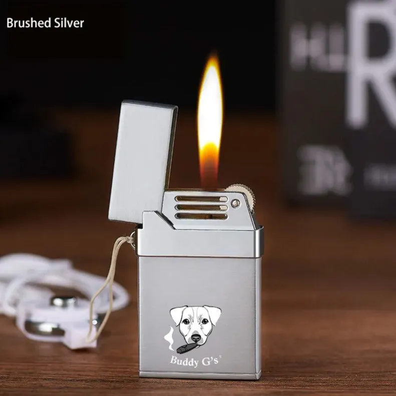 Vintage inspired metal soft adjustable flame butane lighter with old fashioned flint and striker wheel