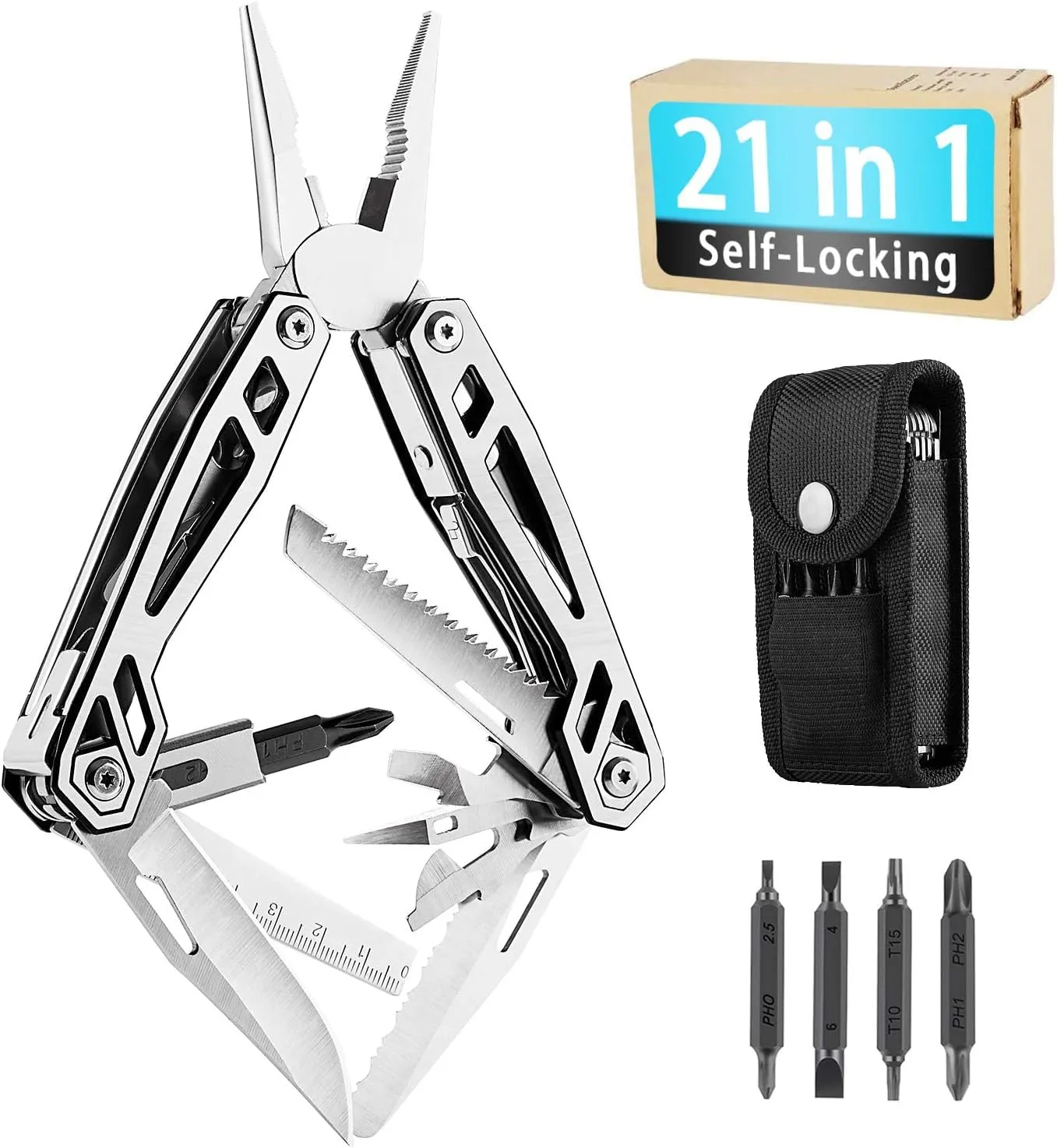 WETOLS Multitool, Gifts for Men, 21-in-1 Multi-Tools, Hard Stainless Steel Multi-Pliers, Foldable & Self-Locking, Multi-pliers Used as Knife, Bottle Opener, Screwdriver, Sickle etc, WE-182…