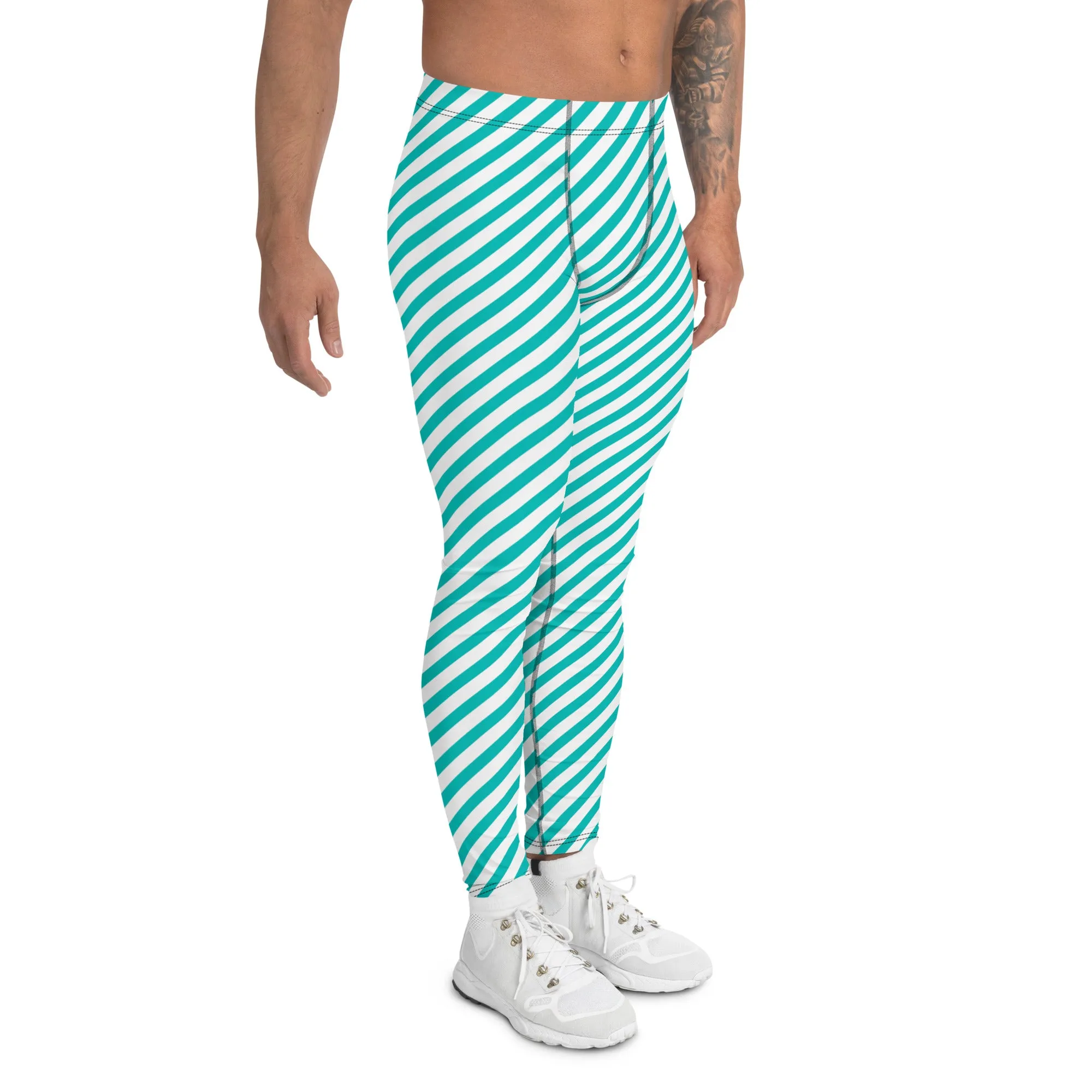 White Blue Diagonal Striped Meggings, Colorful Best Compression Tights For Men - Made in USA/EU/MX