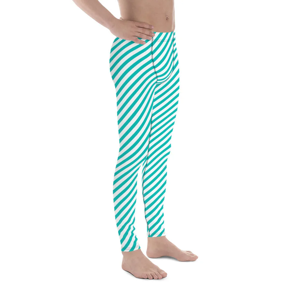 White Blue Diagonal Striped Meggings, Colorful Best Compression Tights For Men - Made in USA/EU/MX