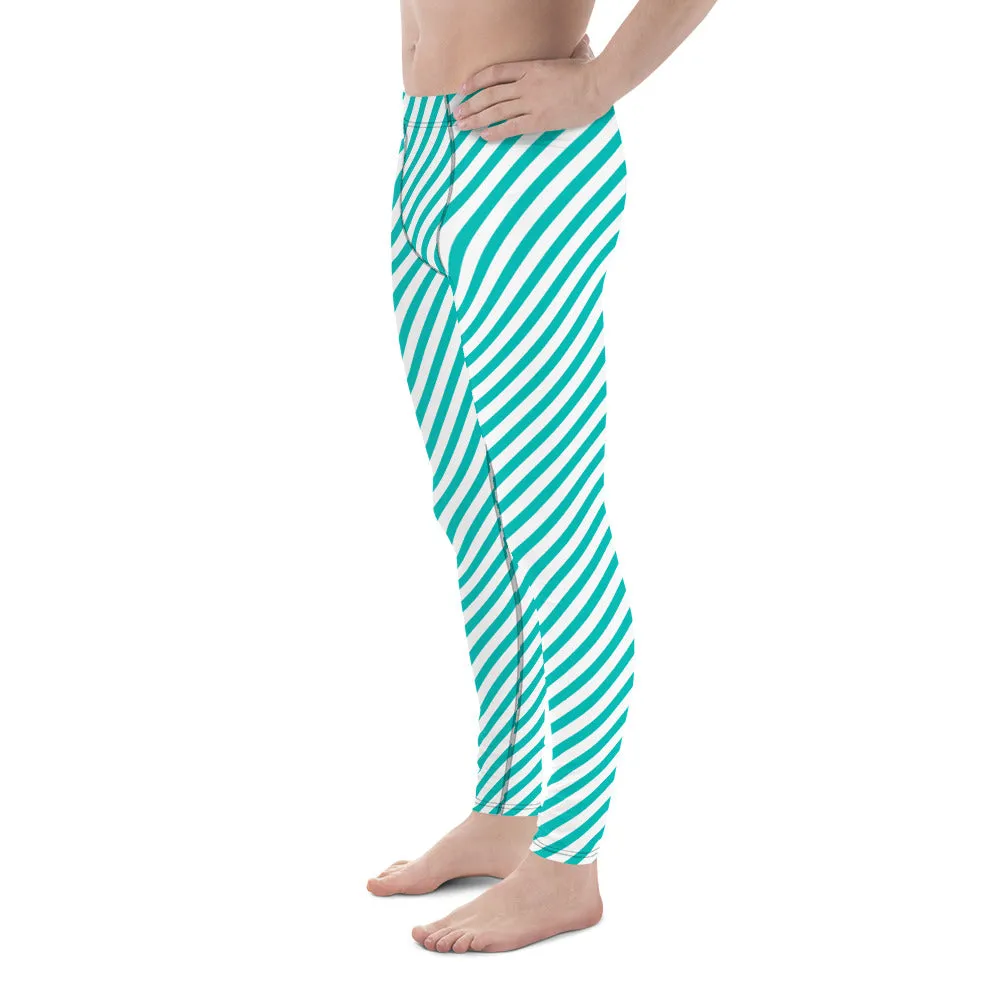 White Blue Diagonal Striped Meggings, Colorful Best Compression Tights For Men - Made in USA/EU/MX