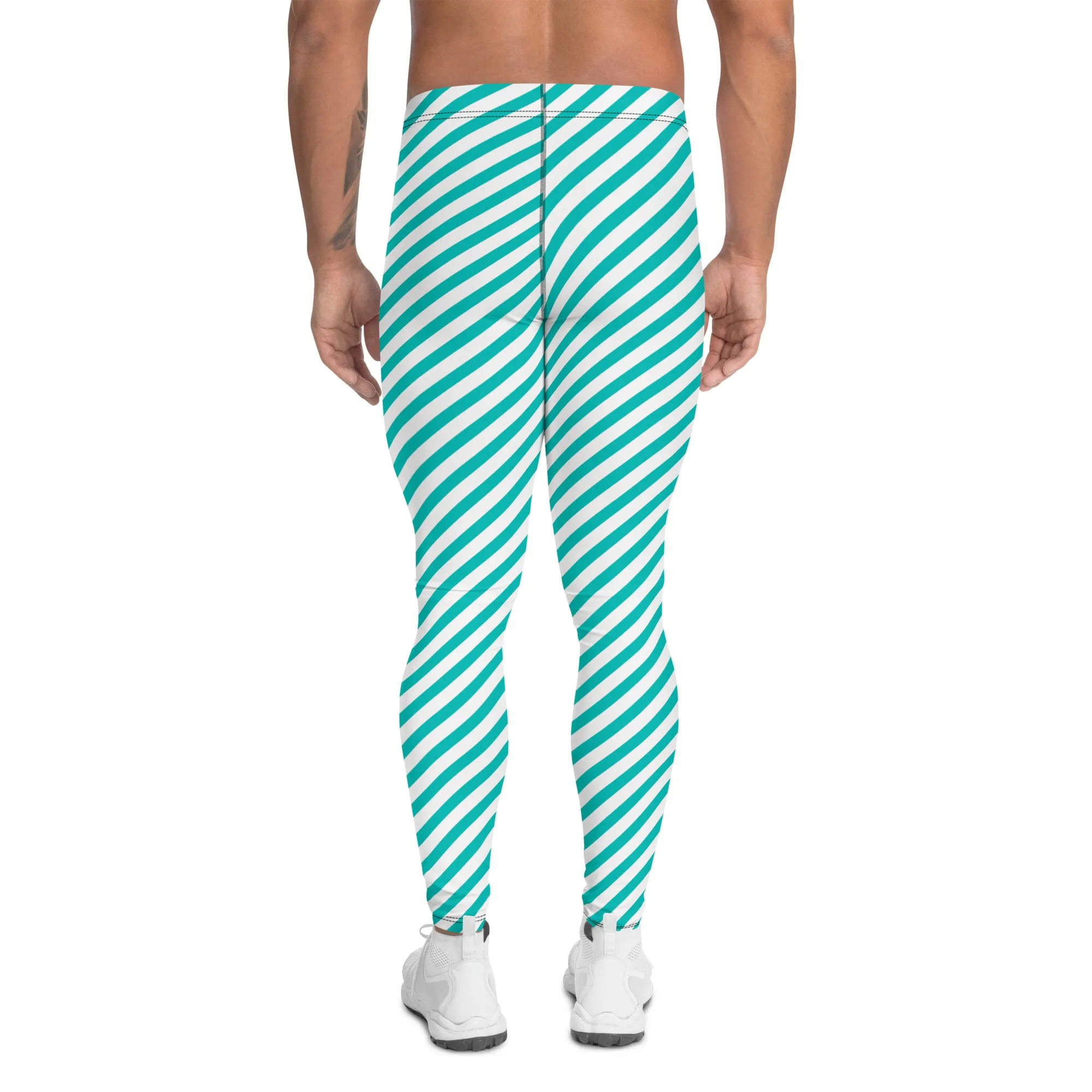 White Blue Diagonal Striped Meggings, Colorful Best Compression Tights For Men - Made in USA/EU/MX