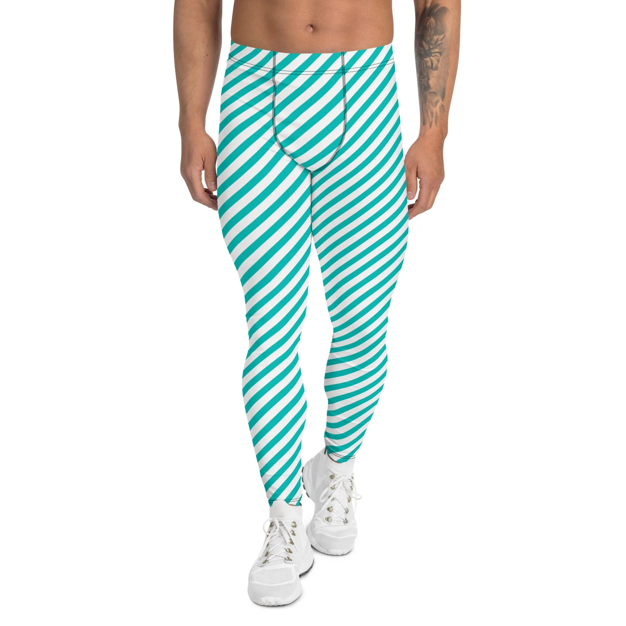 White Blue Diagonal Striped Meggings, Colorful Best Compression Tights For Men - Made in USA/EU/MX