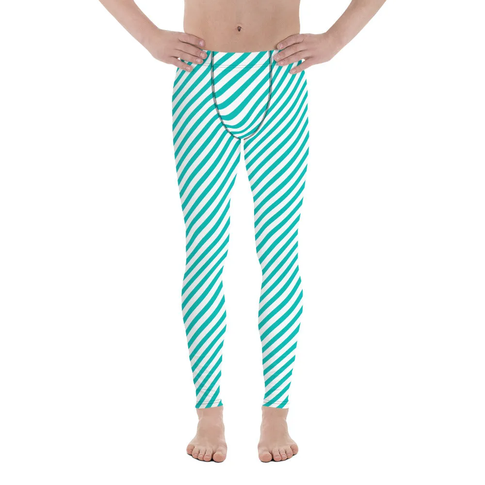 White Blue Diagonal Striped Meggings, Colorful Best Compression Tights For Men - Made in USA/EU/MX