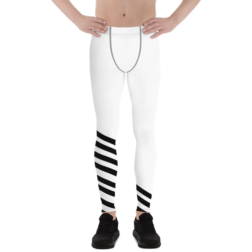 White Diagonally Striped Men's Leggings, Designer Minimalist Black White Modern Meggings-Made in USA/EU/MX