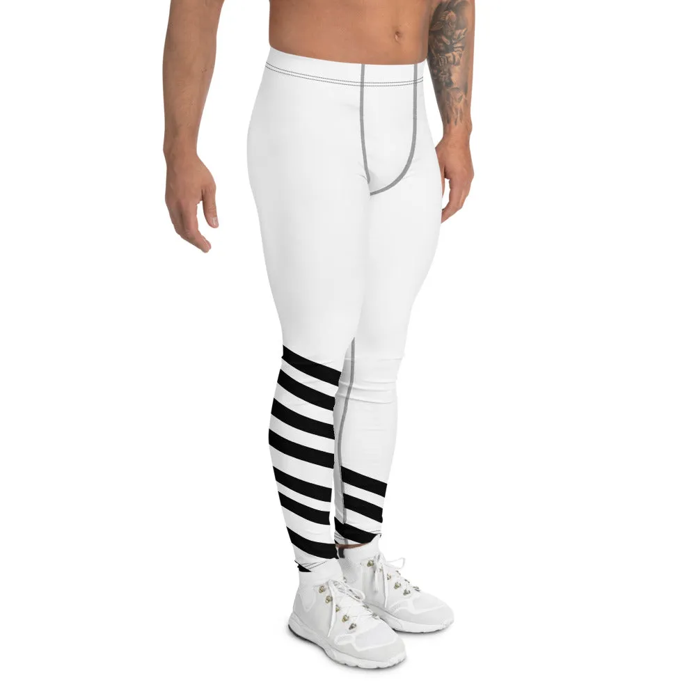 White Diagonally Striped Men's Leggings, Designer Minimalist Black White Modern Meggings-Made in USA/EU/MX