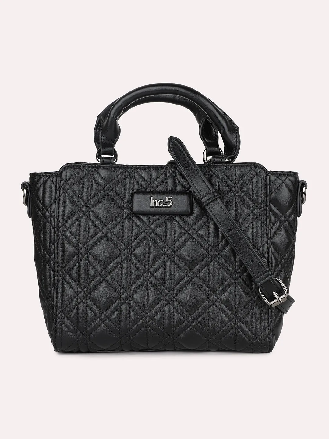 Women Black Textured Shoulder Bag With Quilted Detailing