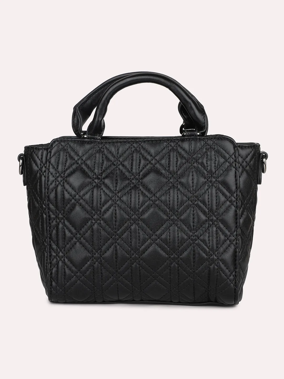 Women Black Textured Shoulder Bag With Quilted Detailing