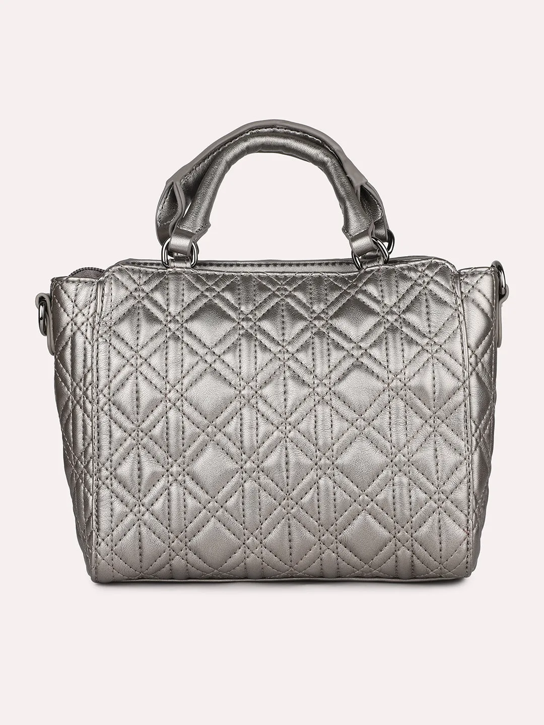 Women Pewter Textured Shoulder Bag With Quilted Detailing