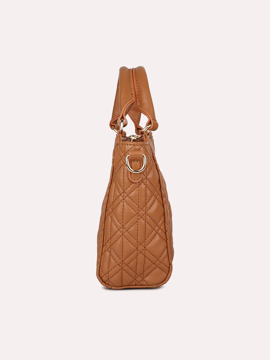 Women Tan Textured Shoulder Bag With Quilted Detailing