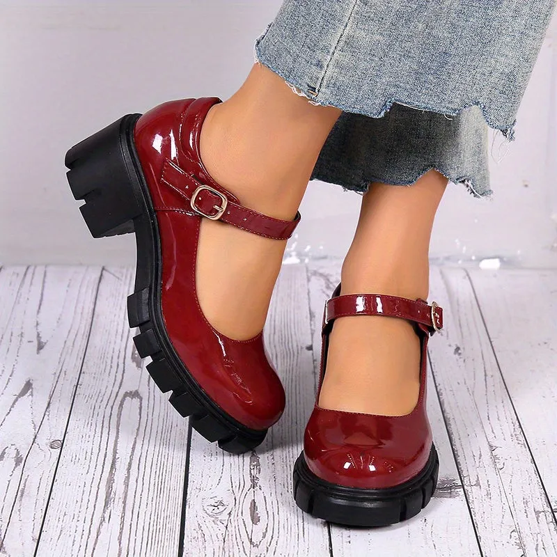 Women's Chunky Heel Shoes, Solid Color Round Toe Buckle Strap Shoes, Versatile Dress Mid Heels