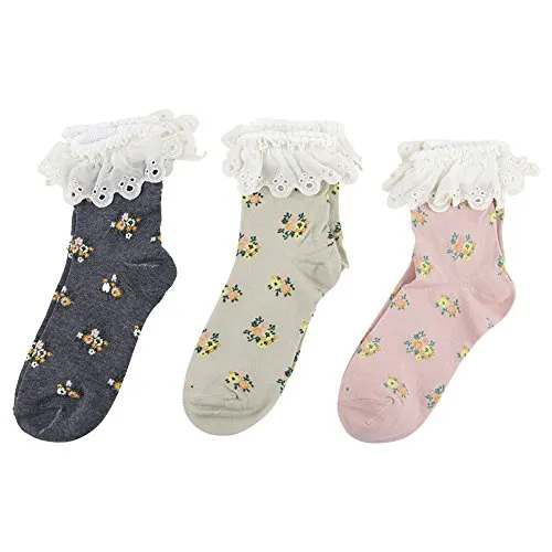 Women's Lace Trim Socks,Funcat Frilly Ruffle Crazy Funny Colorful Floral Art Pattern with Lace Top Anklet Casual Novelty Socks 5 Pairs