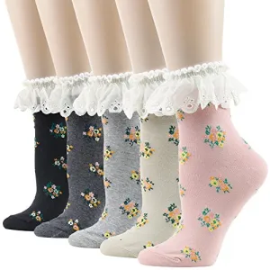 Women's Lace Trim Socks,Funcat Frilly Ruffle Crazy Funny Colorful Floral Art Pattern with Lace Top Anklet Casual Novelty Socks 5 Pairs