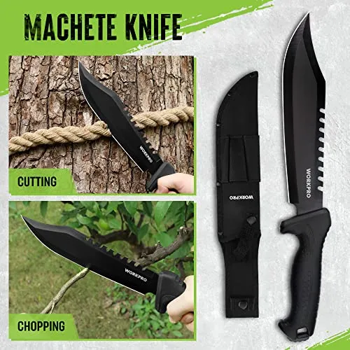 WORKPRO Camping Hatchet & Machete with Sheath, Camping Axe and Fixed Blade Hunting Knives with Paracord Handle, Headlamp, Flint, Camping Tool Set for Outdoor Hunting Survival