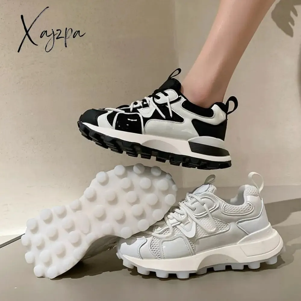 Xajzpa - New Leather Platform Sneakers Women Casual Shoes Chunky Sneaker Increase Designer Thick Sole Dad Shoes Tenis Feminino