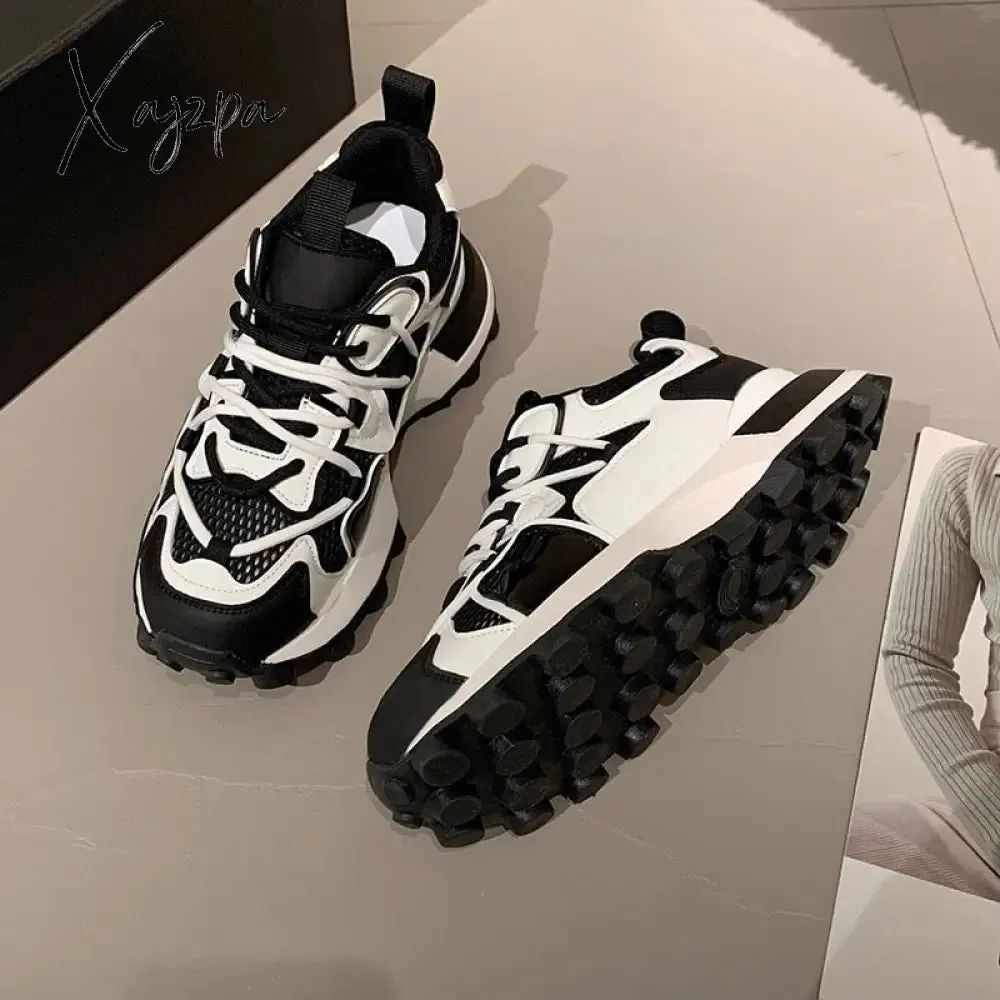 Xajzpa - New Leather Platform Sneakers Women Casual Shoes Chunky Sneaker Increase Designer Thick Sole Dad Shoes Tenis Feminino