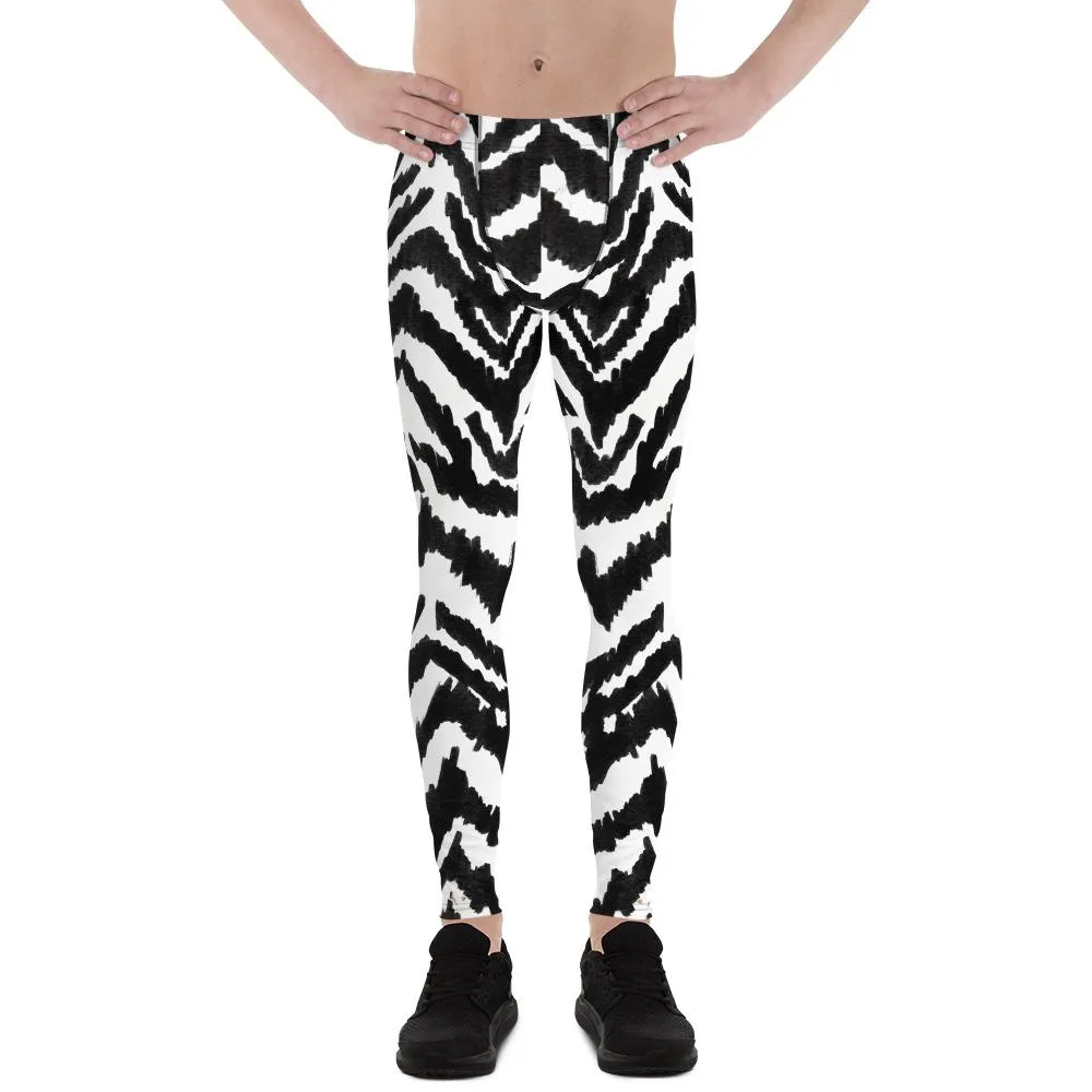 Zebra Print Meggings, Best Black White Animal Print Men's Comfy Leggings-Made in USA/MX/EU