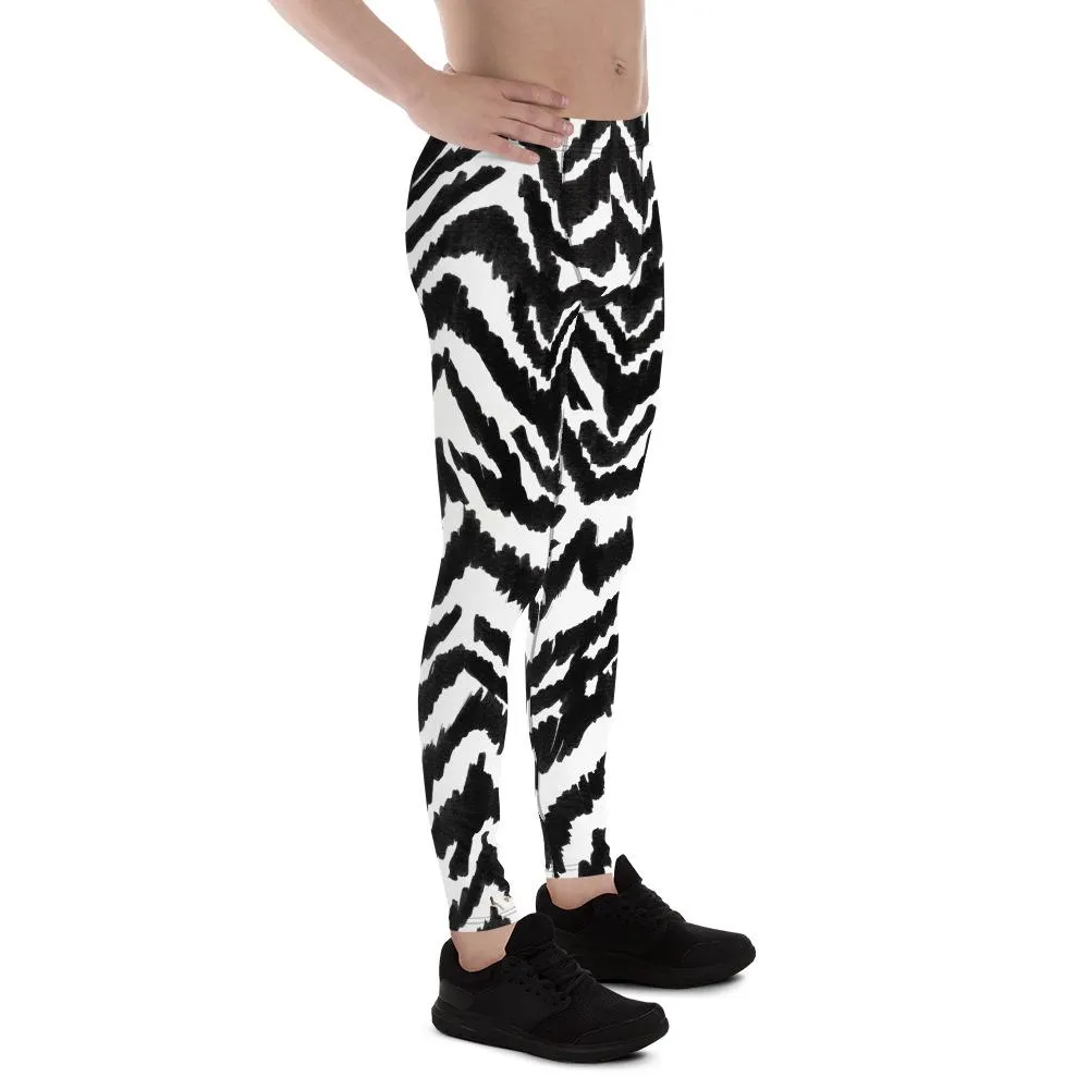 Zebra Print Meggings, Best Black White Animal Print Men's Comfy Leggings-Made in USA/MX/EU