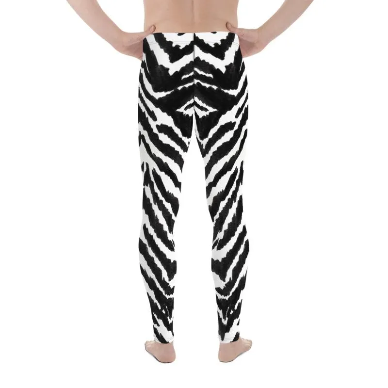 Zebra Print Meggings, Best Black White Animal Print Men's Comfy Leggings-Made in USA/MX/EU